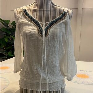 Turquoise Beaded cold shoulder White Women's Top size Medium